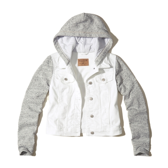 HOLLISTER White Denim Cotton Jacket Hoodie Heather Grey Sleeves XS - Picture 1 of 4